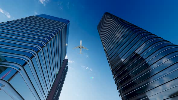 The Plane Flies Over The Buildings alt