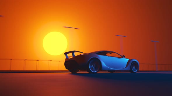 Animation of the silhouette of sports car driving on the street during dusk.