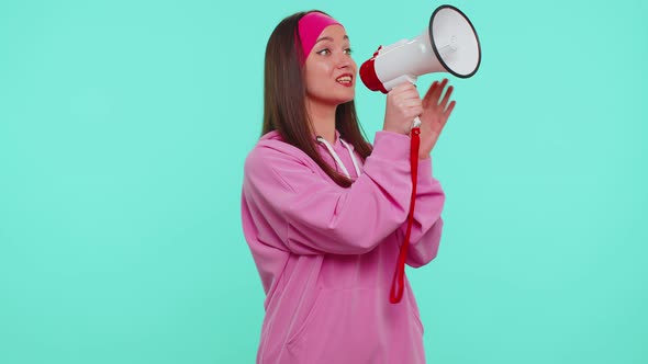 Teen Girl Scream Shout in Megaphone Loudspeaker Announces Discounts Sale Announcing Advertisement alt