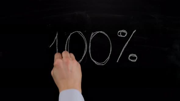 Person hand writes chalk digit fifty 50 percent chalk, then wipe and 100. Close up.4k alt