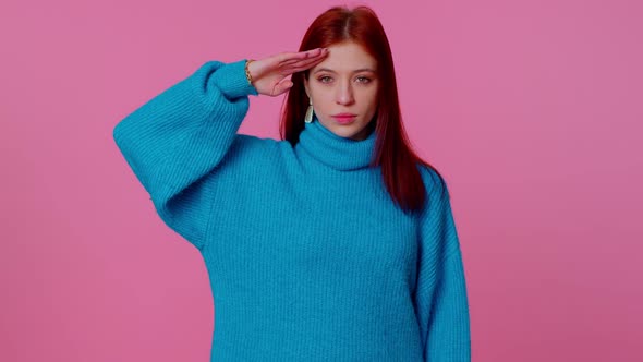 Responsible Redhead Girl Giving Salute Listening to Order As If Soldier Following Discipline Obeying alt
