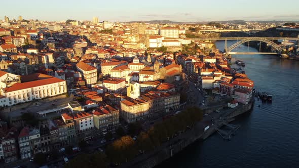Drone View of the Historic District on the Banks of the Douro River in Porto