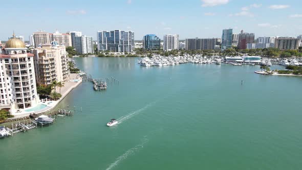 beautiful fasting forward aerial of downtown Sarasota, Florida, and the apartments and condominiums alt