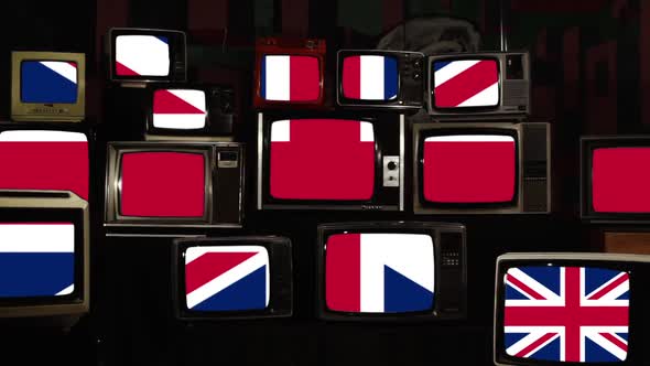 Brexit, UK Union Jack Flag and EU European Flag on Retro TVs. Zoom In. alt