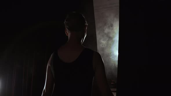 Curtain Opens As Ballerina Entering Stage For Performance Spectacle Female Power Fragility Smoke alt