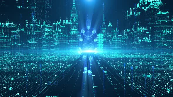 Holographic Particle Smart City Cyberpunk Science Fiction Intelligent Robot Walking alt
