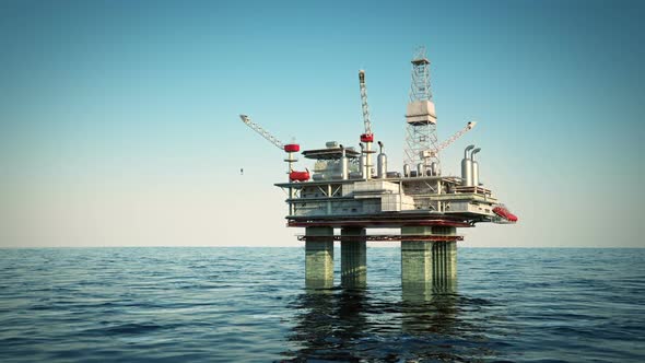 A landscape footage of the oil rig platform on the sea. Closeup animation. HD alt