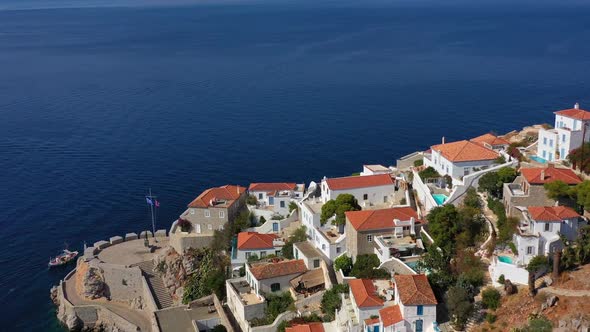 Aerial View of Hydra Old Town and Marina or Seaport Greece  Drone Videography alt