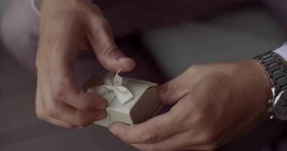 Close up of man hands hold a box with wedding rings alt