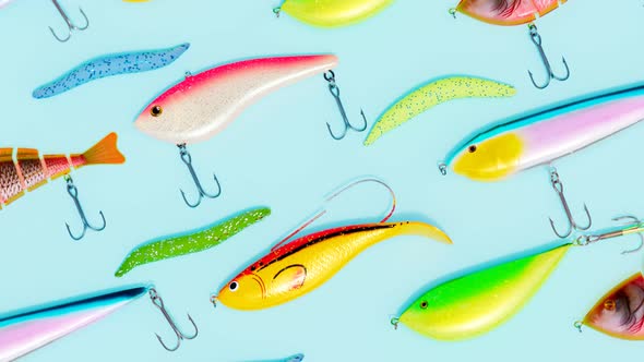 Assorted colourful fish bites. Set of wobblers. Lures and fish-hooks for angling alt