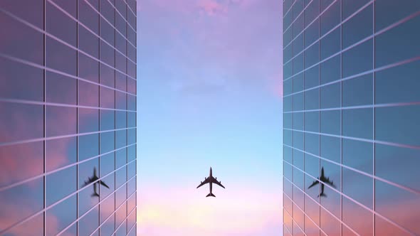 Airplane Flies Over The Glass Building