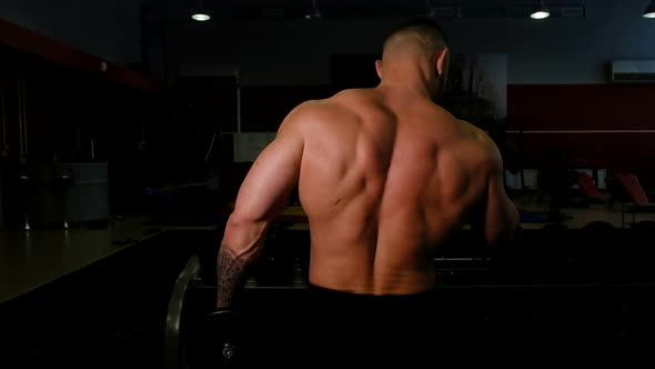 Powerlifter Shakes His Biceps with Dumbbells, Back View Close-up alt