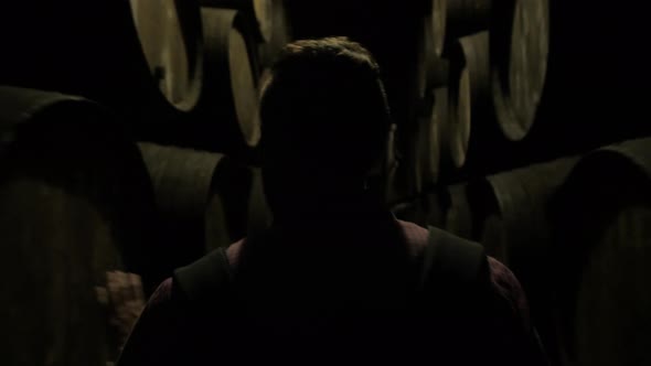 Old Wine Barrels in a Wine Cellar Sommelier Man Tourist Dicover Porto Portugal Old Factory Stock alt