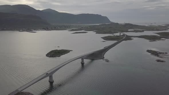 Aerial Drone 4K Footage of Bridge in Reine, Lofoton Islands, Norway