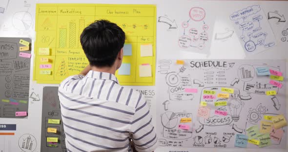 Asian man check on board and turn back alt