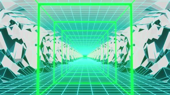 Vj Loop Background With Green Neon Square And Blue Mountain HD alt