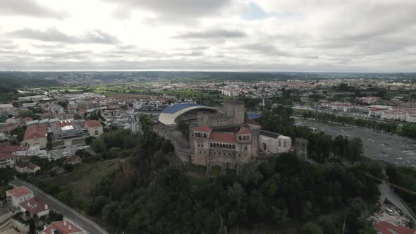 Leiria medieval Castle, Portugal. Hilltop city landmark and touristic destination. Aerial view