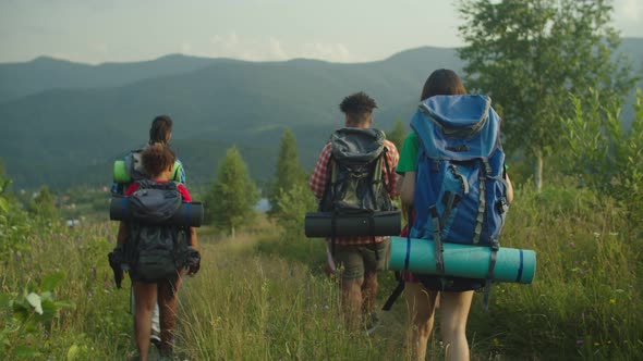 Rear View of Diverse Multiethnic Backpackers Descending Mountain Trail on Trek alt