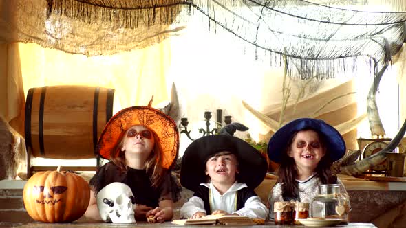 Trick or Treat Children. Funny Kids Celebrating for Halloween. Curse Spell. Wicked Witch Spell alt