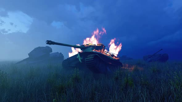 Burning Tank On The Battlefield