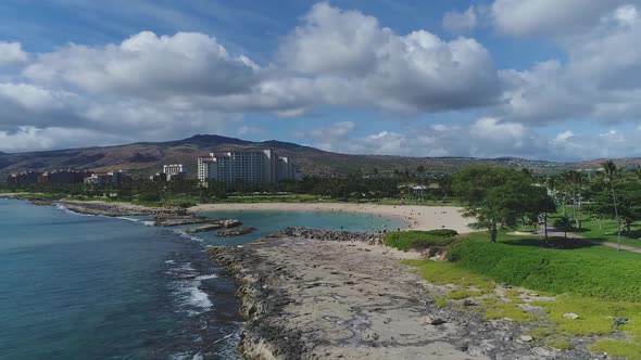 Scenic Hawaiian coastline of Ko Olina, hotel resort near Ulua lagoon. Aerial view alt