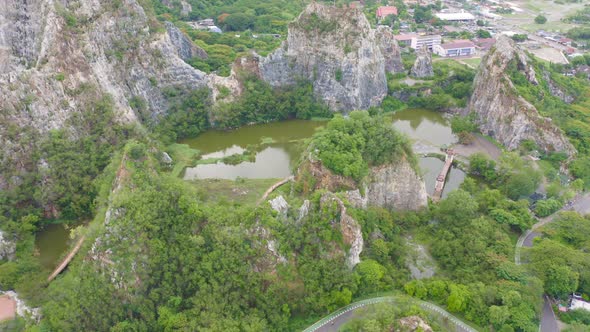 Aerial view of Khao Ngu Stone. National park with river lake, mountain valley hills alt
