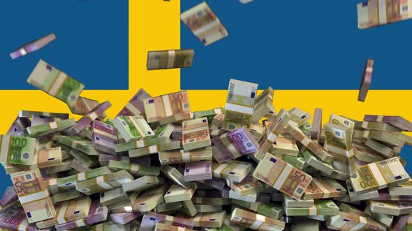 Euro Banknotes falling in front of flag of Sweden alt