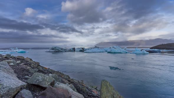 Icebergs Floating in the Jokulsarlon Glacier Lagoon Timelapse