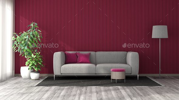 Living room with viva magenta cladding panels - Stock Photo - Images