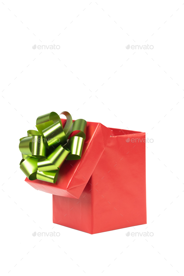 Red gift box with gold ribbon bow.
