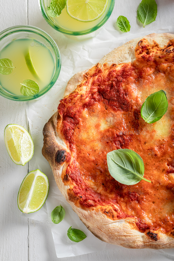 Vegetarian and healthy pizza Margherita with various and cheese. - Stock Photo - Images