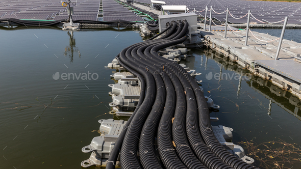 The main power cable installed with flexible cable conduit to Floating Solar PV System. Floating Pho