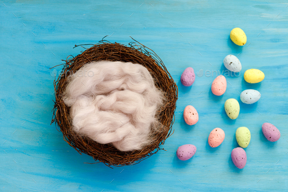 Newborn digital background with wood and easter decorations - Stock Photo - Images