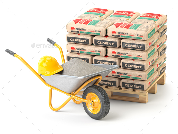 Wheelbarrow and cement bags isolated on white. Construction materials. - Stock Photo - Images