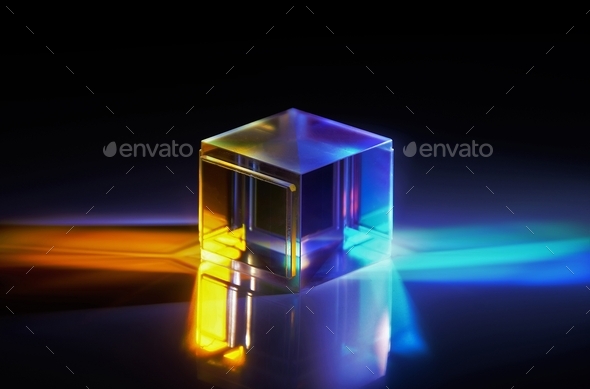 Beautiful cube prism reflection the magnificent colors of light on a black  surface Stock Photo by wirestock