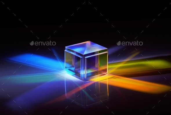 dispersion artificial light, square cube scattering beam of light into severa Stock Photo by wirestock