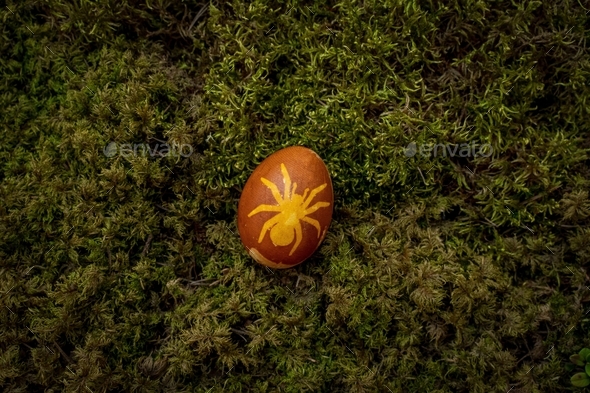 Closeup of an easter egg on the grass with a spider shape sticker on it