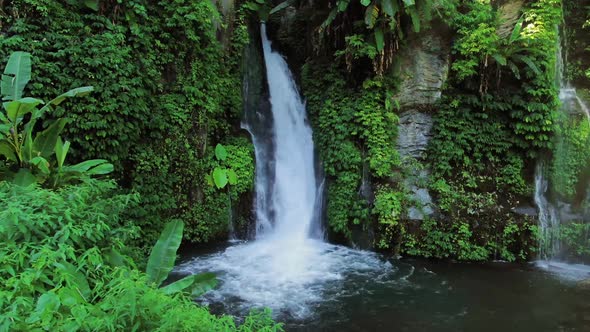 Waterfall Among Tropical Plants And Green Leaves In Bali, Indonesia. alt