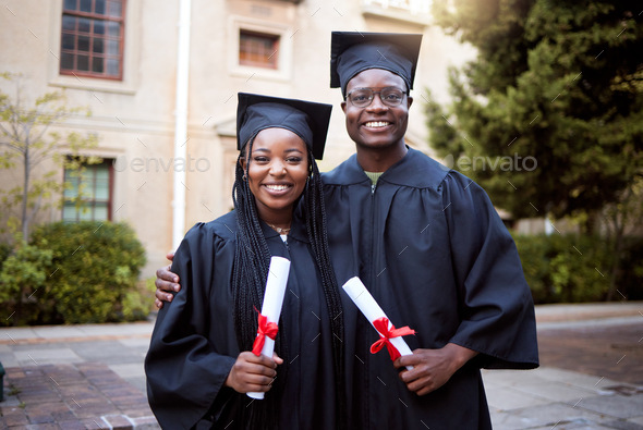 Black people, portrait or graduation diploma in school ceremony, university degree success or colle