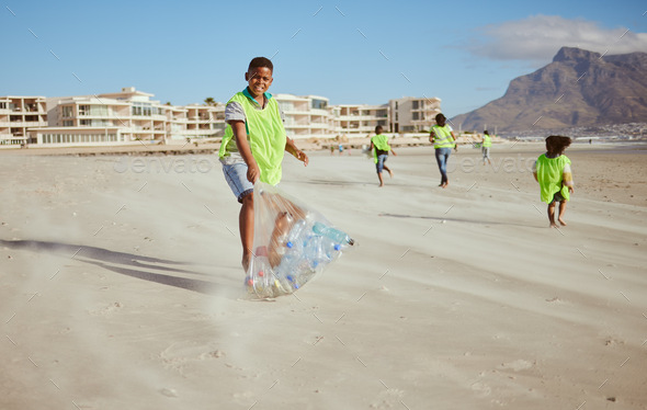 Boy, portrait and trash collection bag in beach waste management, ocean clean up or sea community s