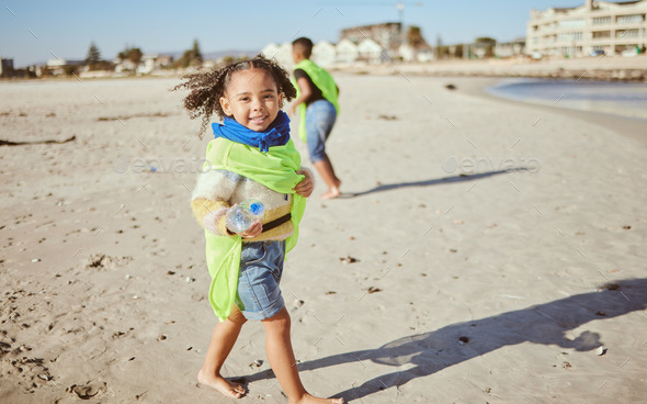 Plastic, beach and child recycling in portrait for earth day, ocean and environment cleaning educat