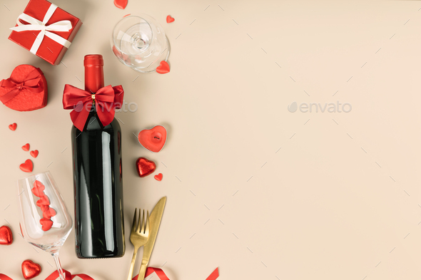 Beautiful romantic table setting on beige background. Romantic dinner. Valentine's Day - Stock Photo - Images