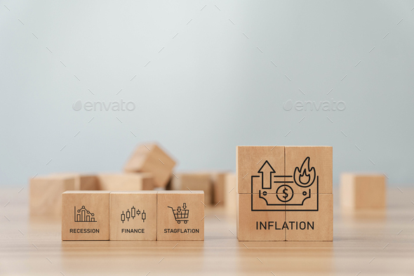 wooden block with inflation icon ideas for the Fed consider raising the interest rate world economic - Stock Photo - Images