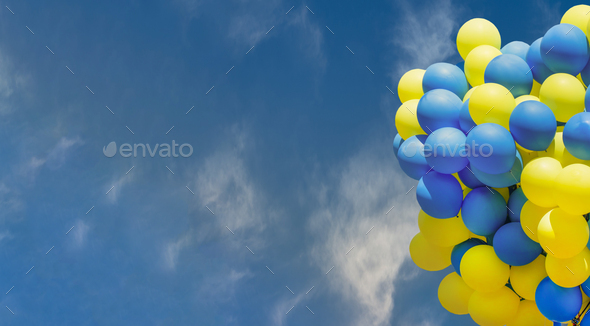 Yellow and blue balloons. Big bunch of balls. Balloon background with place  for text. Stock Photo by Real_life_Studio