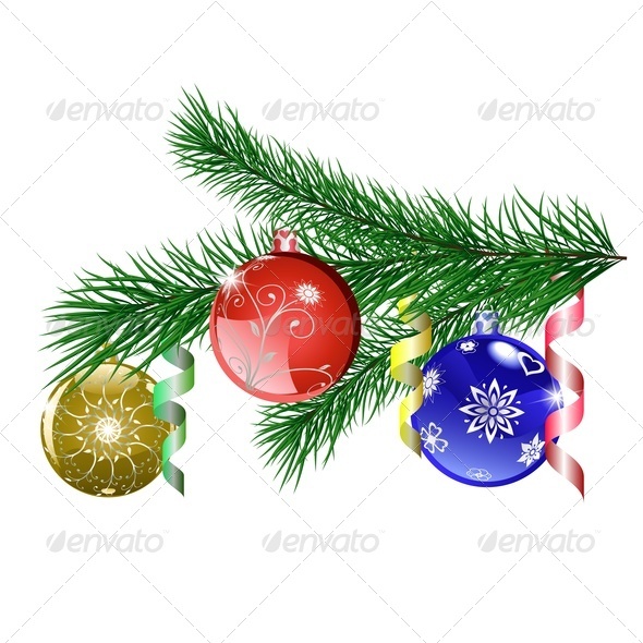 Christmas Tree Branch With Christmas Balls - Christmas Seasons/Holidays