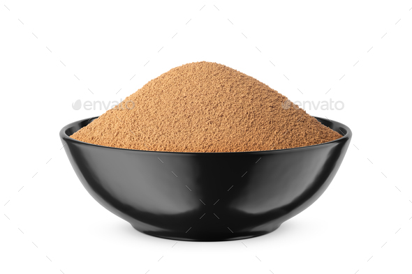 Instant coffee in black round bowl isolated on white. Front view. - Stock Photo - Images
