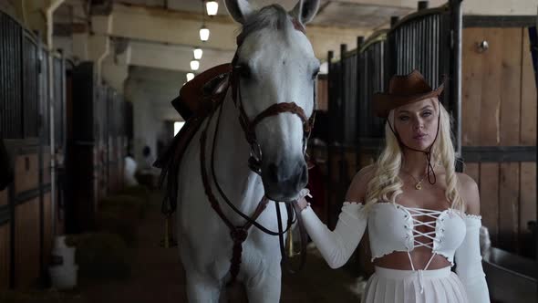 Beautiful Horsewoman is Leading White Horse From Barn to Walk Portrait Shot in Stable alt