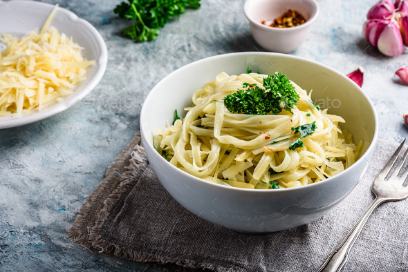 Easy pasta with olive oil and garlic - Stock Photo - Images
