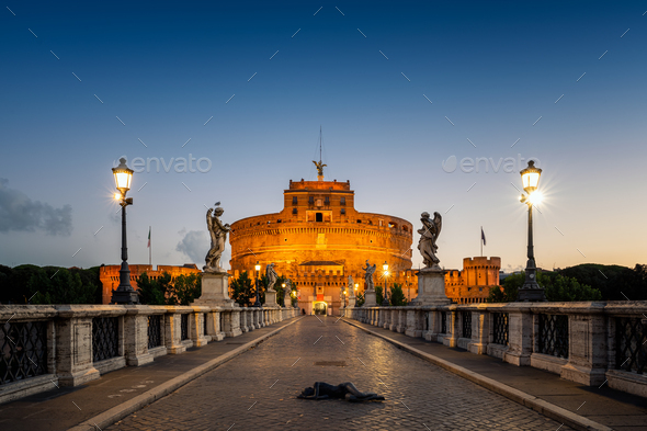 Illuminated Sant'Angelo castle in blue hour before sunrise - Stock Photo - Images