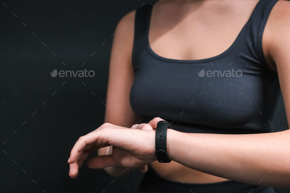 Sports fit Fitness hands, smart watch or future data on healthcare workout, body training or exercis